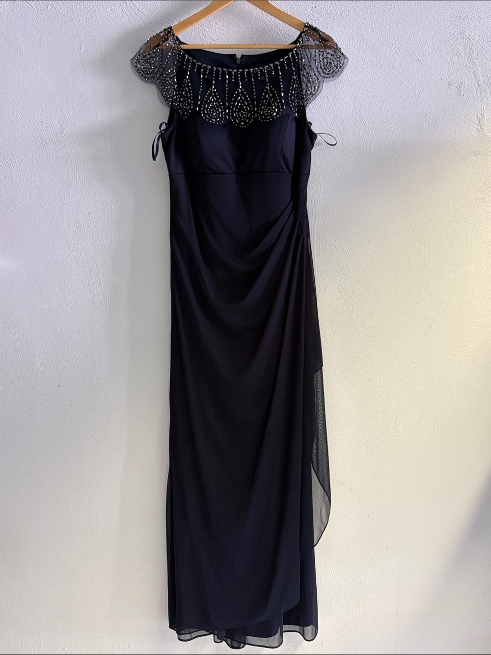 Beaded Navy Maxi Dress with Illusion Cap-Sleeve